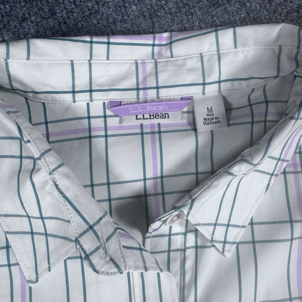 LL Bean Long Sleeve Plaid Button Shirt White Purple Green Women’s Medium - Picture 5 of 8